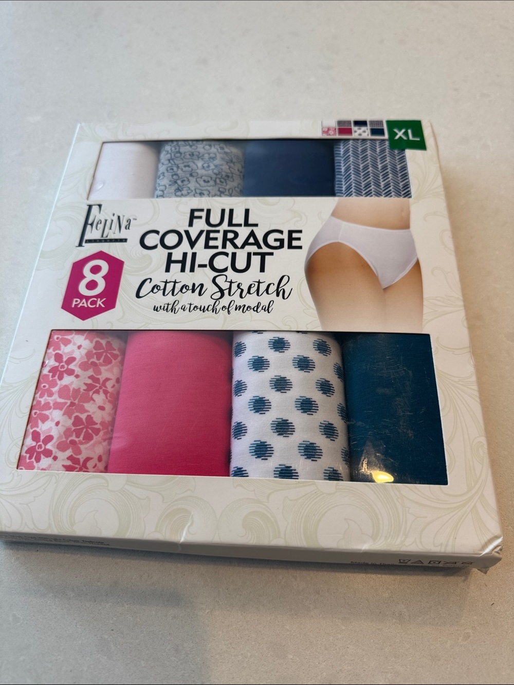 Felina Full Coverage Hi-Cut Cotton Stretch Panties - Pink & Blue Pack (8 Pack)